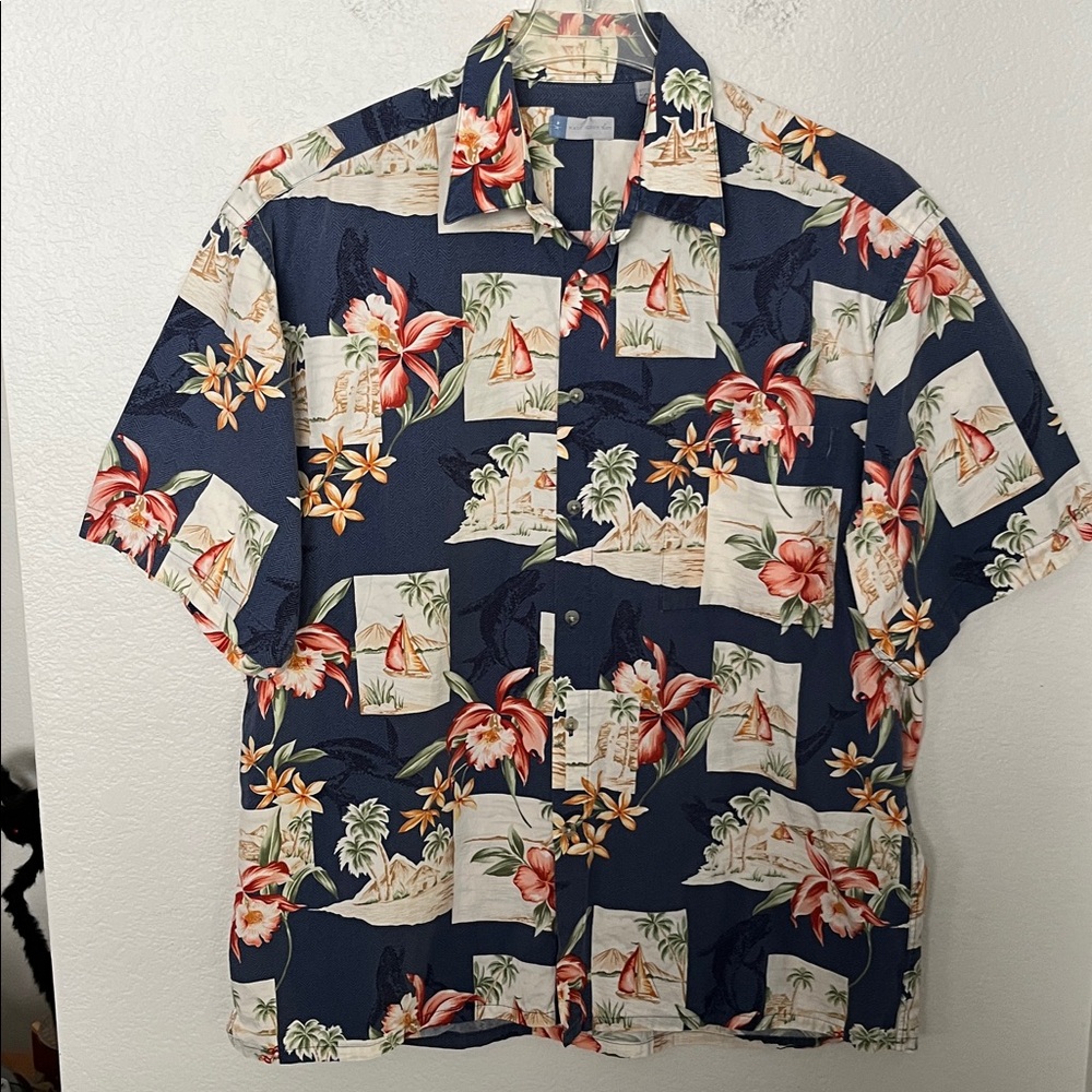 HALF MOON BAY CASUAL HAWAIIAN BUTTON DOWN SZ XL FLORAL/BOATS NWOT EXCELLENT COND